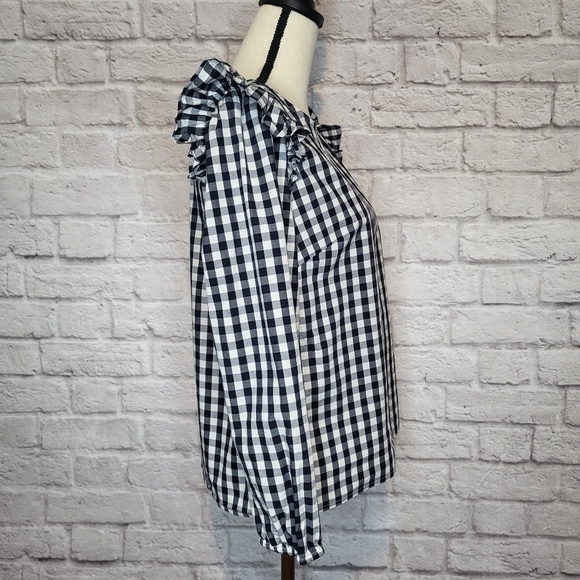J Crew Top Blue White Plaid Long Sleeve Ruffle Shoulder Keyhole Back Size S - Picture 5 of 9